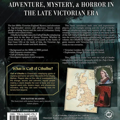 Open RPG guidebook titled "Cthulhu by Gaslight: Investigators' Guide" by Chaosium, showing detailed cover art and vintage design.