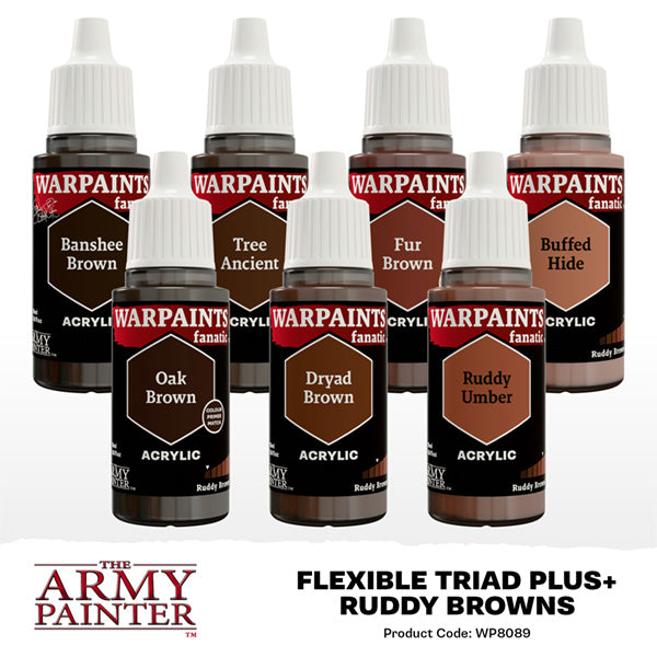 The Army Painter Warpaint Fanatic Flexible Triad PLUS+ set with Ruddy Browns acrylic paints for miniature painting and hobby use.