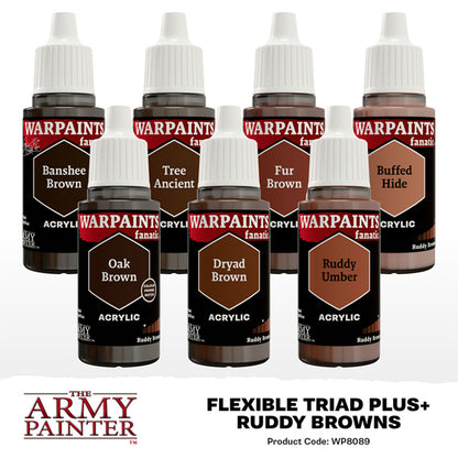 The Army Painter Warpaint Fanatic Flexible Triad PLUS+ set with Ruddy Browns acrylic paints for miniature painting and hobby use.