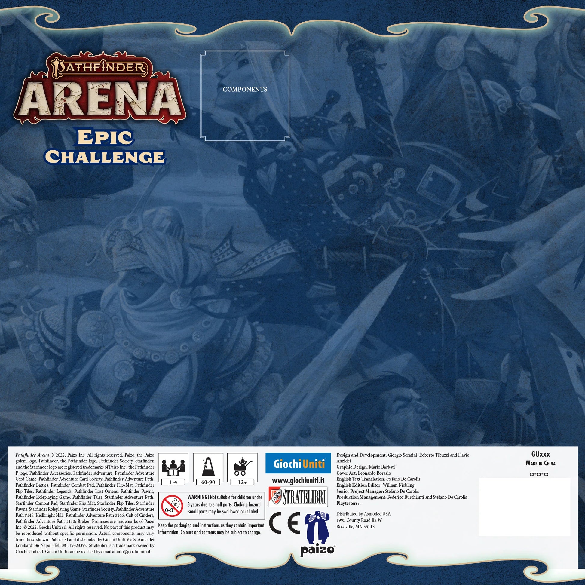 Pathfinder Arena Epic Challenge game box by Asmodee featuring colorful fantasy-themed artwork and game components.
