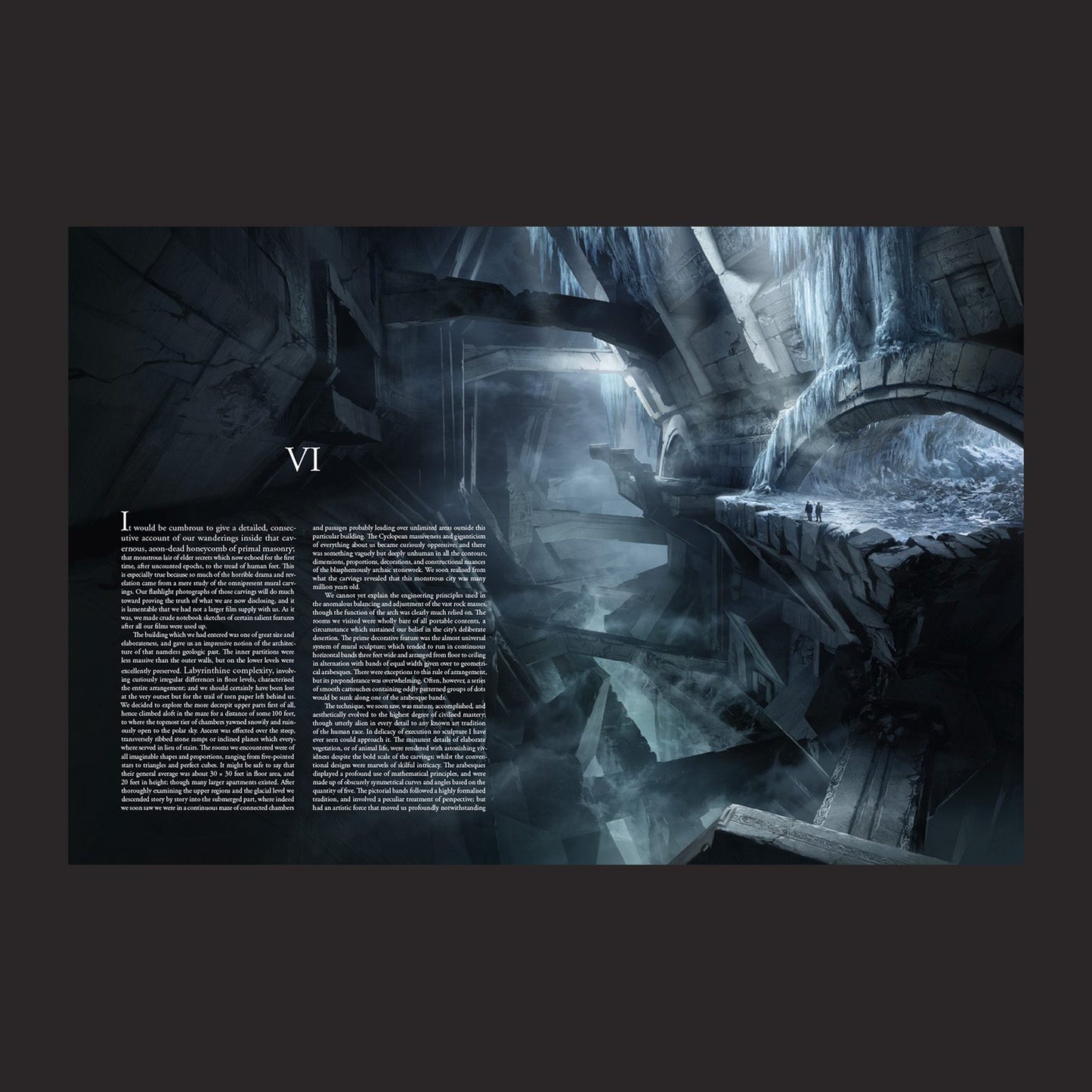 Illustrated book cover of "The Call of Cthulhu: At the Mountains of Madness" Volume 2 by Free League Publishing, featuring eerie artwork.