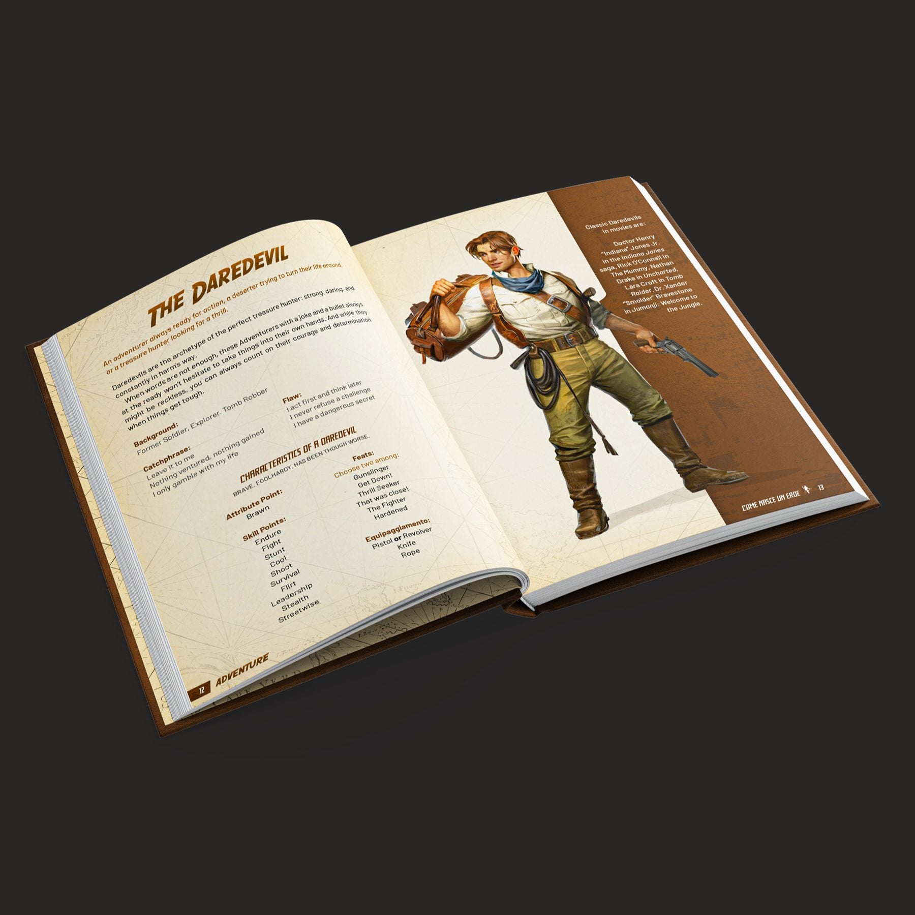 Outgunned RPG Adventure Core Rulebook by Free League Publishing, open book showing colorful illustrations and game text.