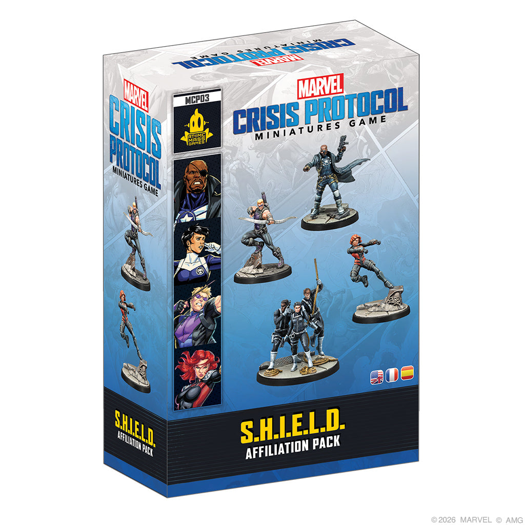 Atomic Mass Marvel Crisis Protocol S.H.I.E.L.D. Affiliation Pack featuring miniature figures and game tokens for tabletop gaming.