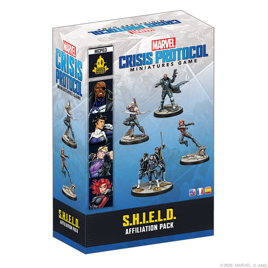 Atomic Mass Marvel Crisis Protocol S.H.I.E.L.D. Affiliation Pack with miniatures and game components for tabletop gaming.