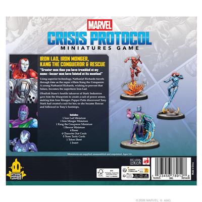 Marvel Crisis Protocol miniatures of Iron Lad, Iron Monger, Kang the Conqueror, and Rescue by Atomic Mass.
