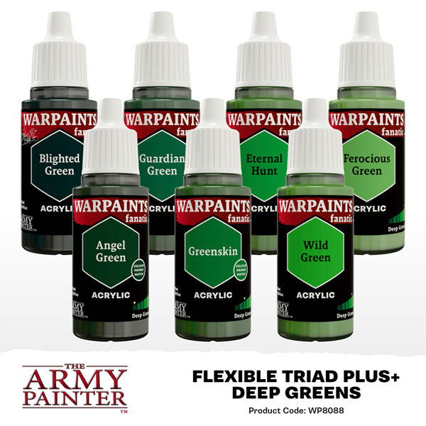 The Army Painter Warpaint Fanatic Flexible Triad PLUS+ set of Deep Greens acrylic paints for miniature painting and hobby projects.