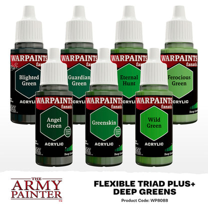 The Army Painter Warpaint Fanatic Flexible Triad PLUS+ set of Deep Greens acrylic paints for miniature painting and hobby projects.