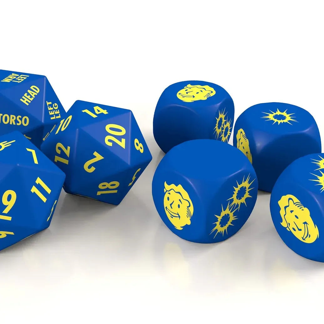 Modiphius Fallout roleplaying game dice set with colorful numbered polyhedral dice for tabletop gaming.