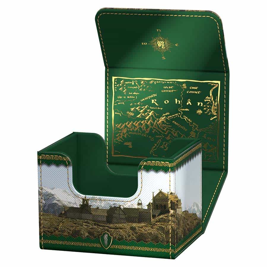 Ultimate Guard Sidewinder 100+ Xenoskin deck case with Lord of the Rings Middle Earth design, showing the exterior and clasp.
