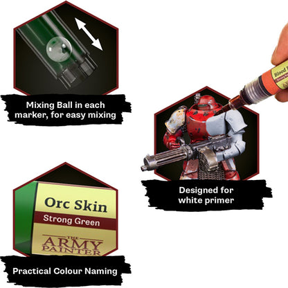 The Army Painter Speedpaint Markers in assorted colors, arranged neatly for art and hobby projects.