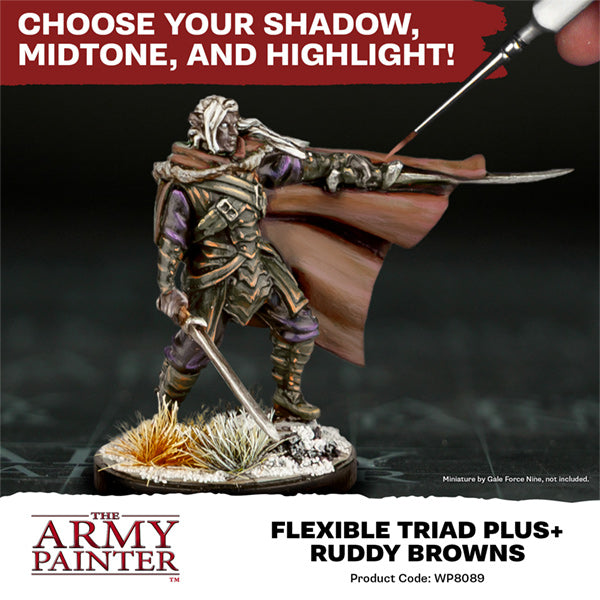 The Army Painter Warpaint Fanatic Flexible Triad PLUS+ set with three Ruddy Browns acrylic paint bottles for art and hobby painting.