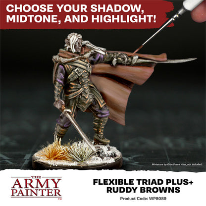 The Army Painter Warpaint Fanatic Flexible Triad PLUS+ set with three Ruddy Browns acrylic paint bottles for art and hobby painting.