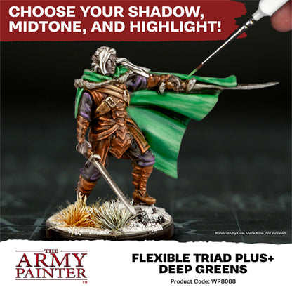 The Army Painter Warpaint Fanatic Flexible Triad PLUS+ Set featuring deep green hobby paints for miniature painting and model detailing.