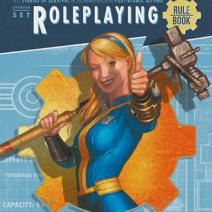 Fallout: The Roleplaying Game Starter Set by Modiphius featuring game rulebooks, miniatures, and character sheets on a table.