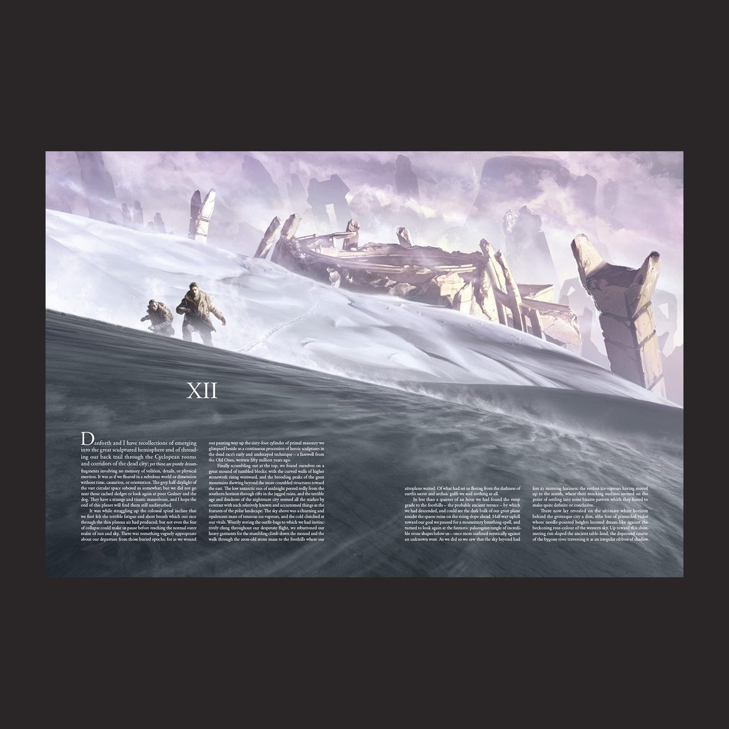 Illustrated book cover of "The Call of Cthulhu: At the Mountains of Madness" Volume 2 by Free League Publishing, featuring eerie artwork.