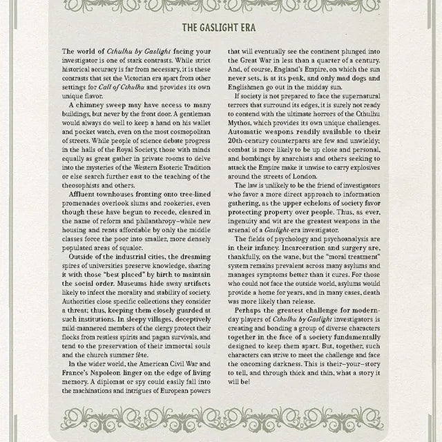 Cover image of the Cthulhu by Gaslight Investigators' Guide RPG book by Chaosium, featuring Victorian-era artwork and mysterious symbols.