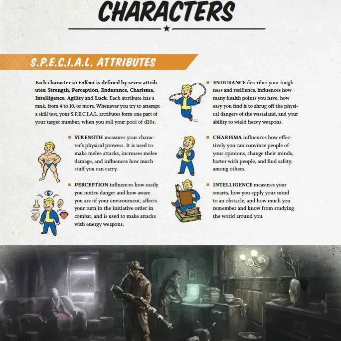 Fallout: The Roleplaying Game Starter Set by Modiphius showing game rulebook, miniatures, and dice for immersive post-apocalyptic RPG gameplay