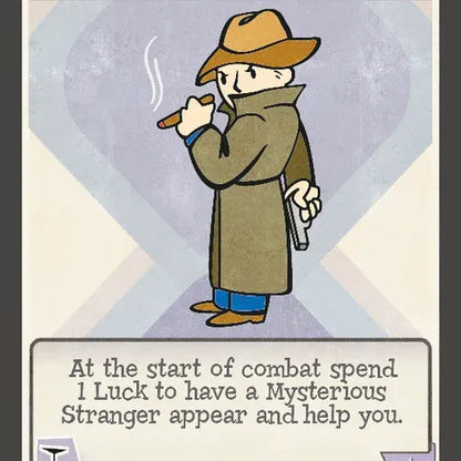 Set of four Fallout: The Roleplaying Game perk cards by Modiphius featuring colorful, detailed illustrations on card backs.