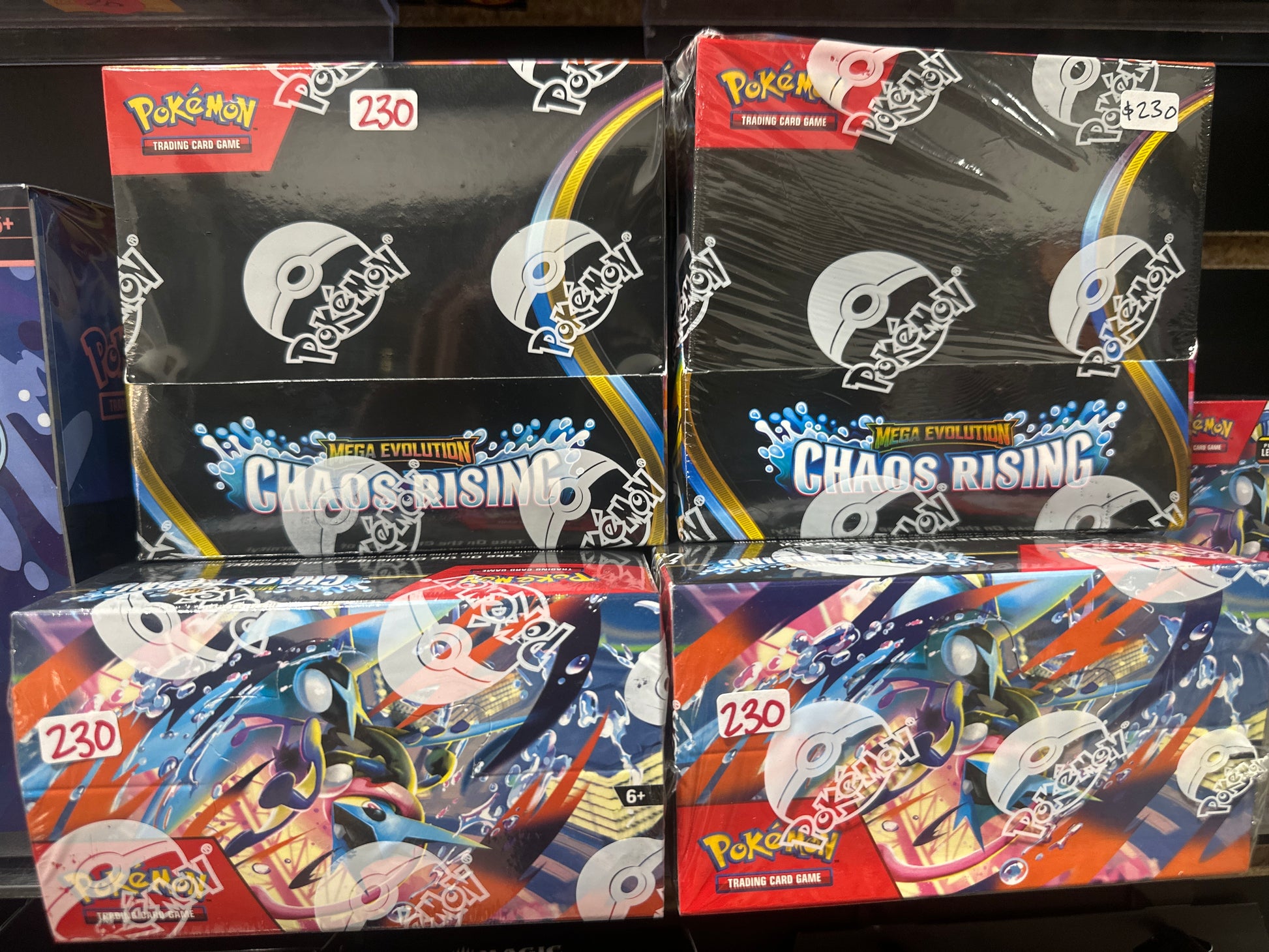 Pokemon USA Chaos Rising Booster Box with 36 packs of trading cards, featuring colorful packaging and Pokemon artwork.