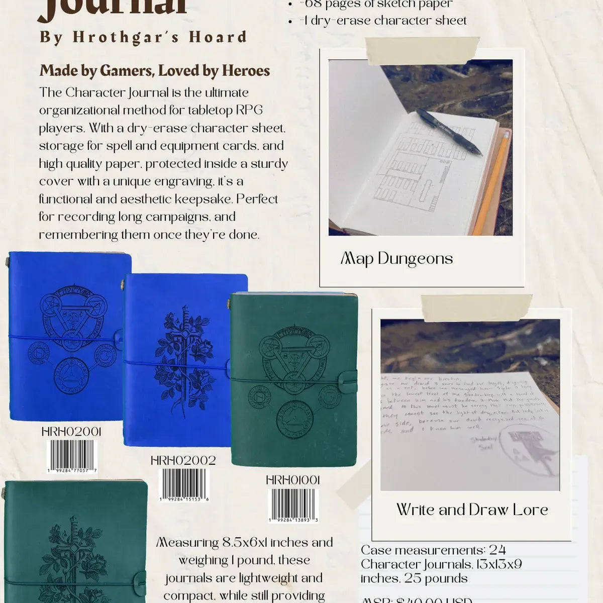 Green Character Journal from Quartermaster Direct featuring a sword and rose design for writing and sketching.