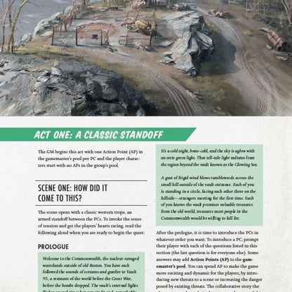 Fallout: The Roleplaying Game Starter Set by Modiphius featuring game components and rulebook laid out on a table.