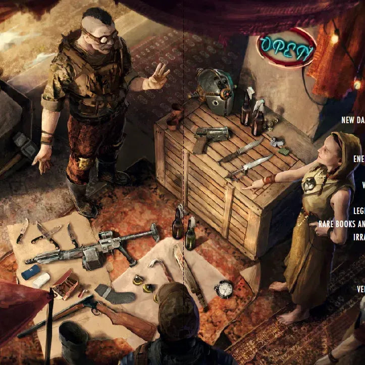 Open fallout roleplaying game wanderer's guide book by Modiphius showing detailed map and character illustrations on pages.