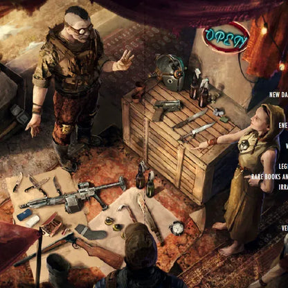 Open fallout roleplaying game wanderer's guide book by Modiphius showing detailed map and character illustrations on pages.