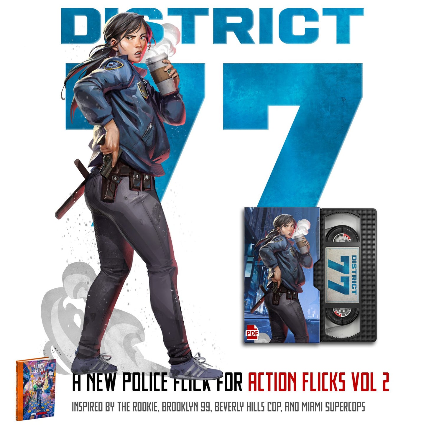 Outgunned RPG Action Flicks Volume 2 book by Free League Publishing featuring vibrant cover art and action-themed design.