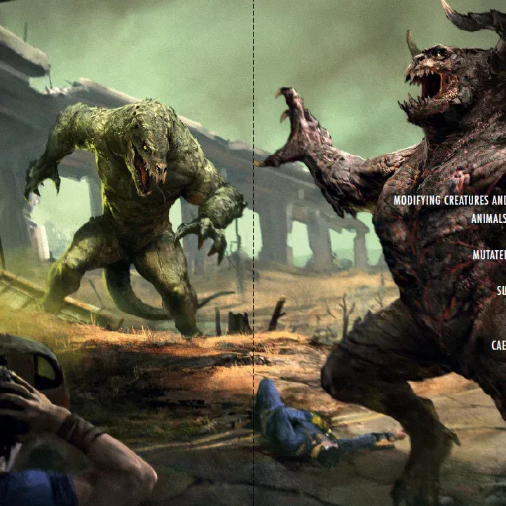 Fallout: The Roleplaying Game Wanderer's Guide book by Modiphius shown with cover art and interior pages visible.