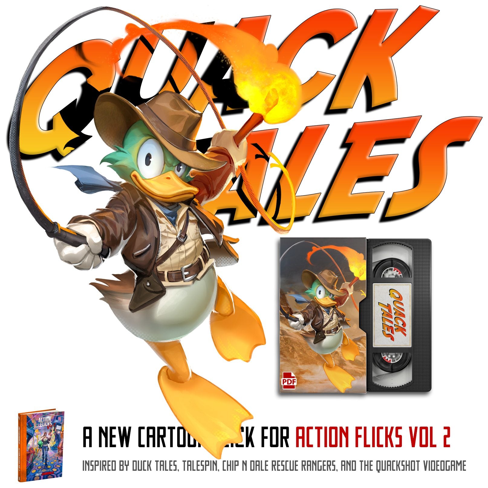 Outgunned RPG Action Flicks Volume 2 book by Free League Publishing featuring cover art and interior pages for role-playing game scenarios.