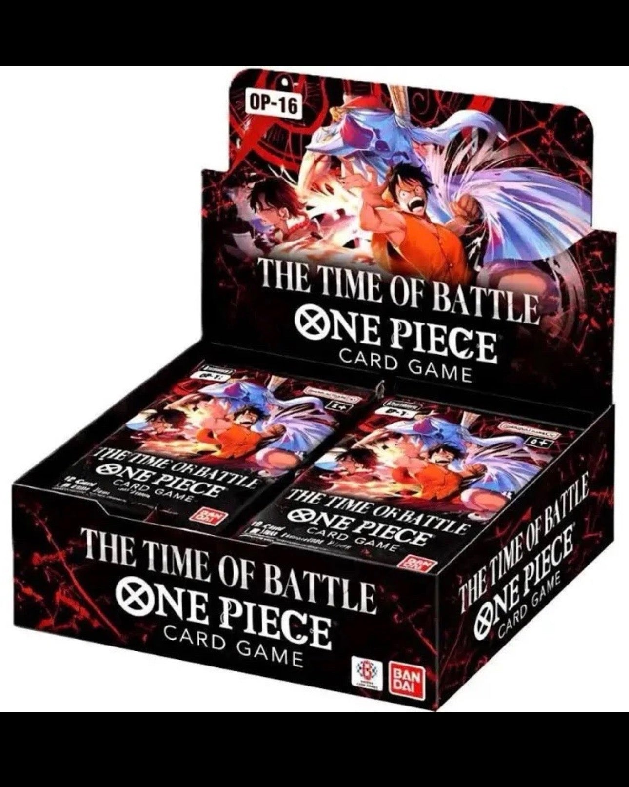 Bandai One Piece trading card box for "The Time of Battle" (OP16) set, full box with colorful card artwork, preordering available.