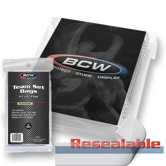 BCW Team Set Bags for trading cards, clear plastic storage sleeves with team design, ideal for organizing and protecting collectible cards.