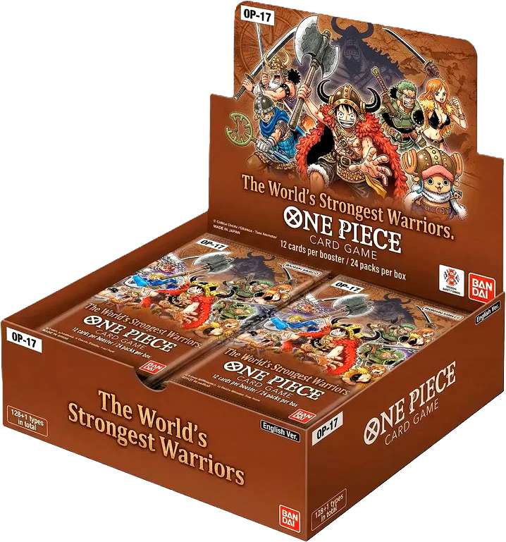 Bandai One Piece The World’s Strongest Warriors trading cards full box, pre-order, featuring colorful character artwork.