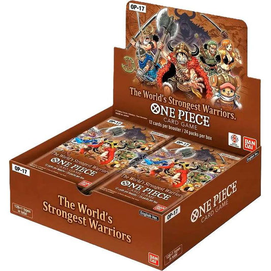Bandai One Piece: The World’s Strongest Warriors booster box of trading cards, featuring colorful packaging and collectible cards.