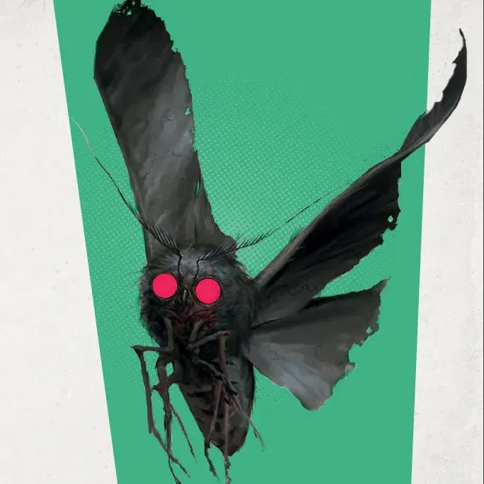 Modiphius Fallout roleplaying game Wanderer's Guide book featuring artwork of Mothman in a post-apocalyptic setting.