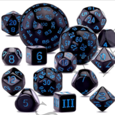 TCB 15 Piece Dice Set- Black Dice with Various Print Colors - TCB Games & Collectibles