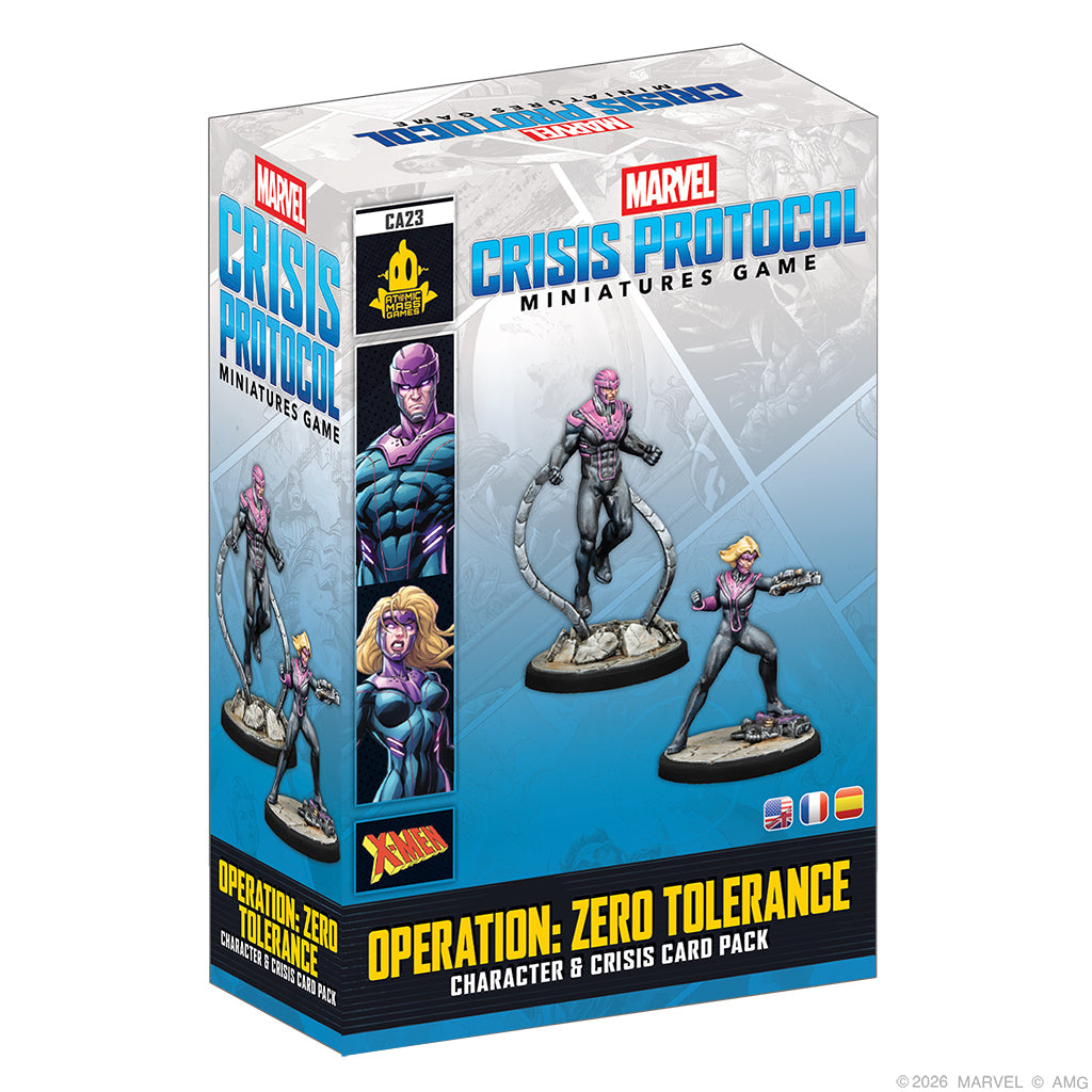 Atomic Mass Marvel Crisis Protocol Operation Zero Tolerance character and crisis card pack, featuring detailed game cards and character miniatures.
