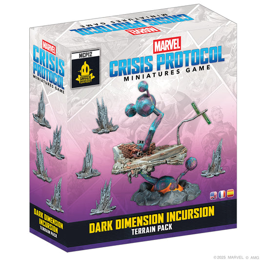 Dark Dimension Incursion Terrain Pack for Marvel Crisis Protocol gaming supplies by Asmodee, featuring detailed sci-fi terrain pieces.