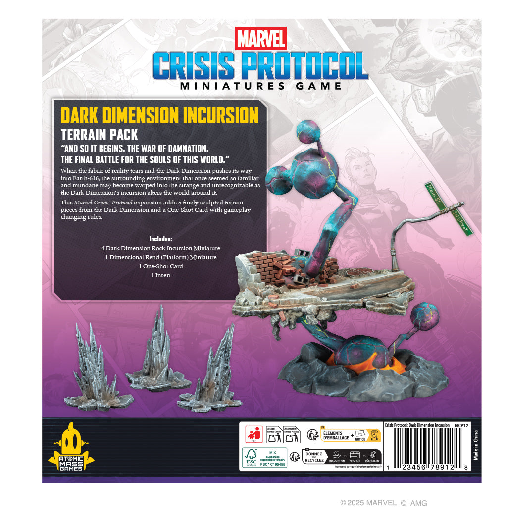 Pre-order Marvel Crisis Protocol Dark Dimension Incursion Terrain Pack gaming supplies by Asmodee, featuring detailed sci-fi terrain pieces.