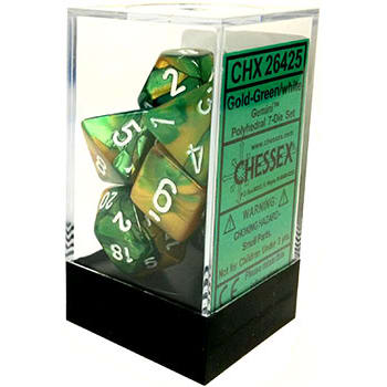 7 piece green and gold dice set with white numbers.