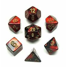 7 piece black and red dice set with gold numbers