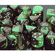 7 piece green and black dice set with gold numbers