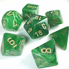 7 piece green swirl with gold numbers dice set