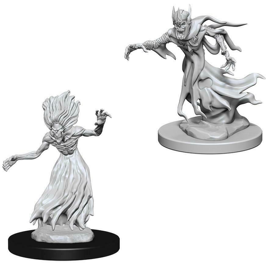Unpainted D&D miniatures of a Wraith and Specter from Wizkids' Nolzur's Marvelous Unpainted Miniatures series on a white background.