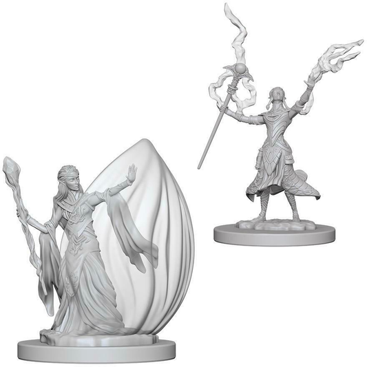 Unpainted elf female wizard miniature from D&D Nolzur's Marvelous Unpainted Miniatures by Wizkids, showcasing detailed sculpting.
