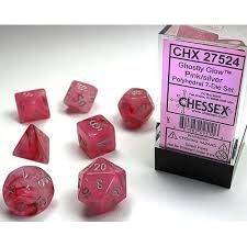 Ghostly Glow Polyhedral Pink/Silver Dice Set (7) - TCB Toys Comics & Games