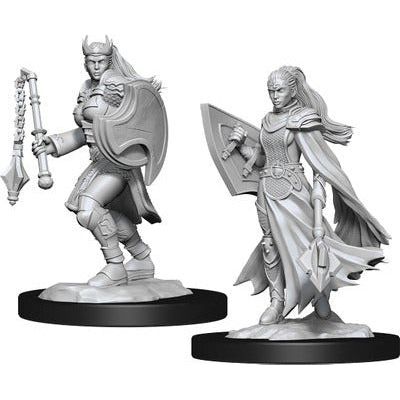 Unpainted D&D Nolzur's miniature of a female Kalashtar cleric from Wizkids, detailed unpainted figure for tabletop gaming.